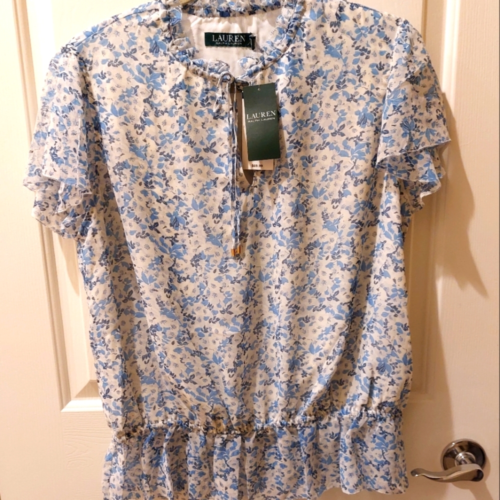 NWT-Ralph Lauren Blue/White Floral Blouse / Large